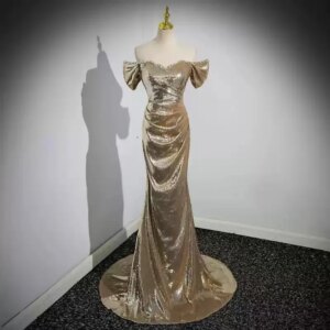 Gold Evening Dress Mermaid Shining Sequined Long Party Dress Prom Dress Lace-up Back Sweep Train