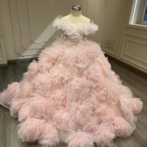 Pink Flower Girl Dress Birthday Costume round Neck Children’s Party Wear Elegant Girls’ Skirt for Special Occasions