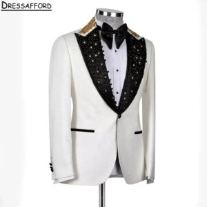 White Pearls Beading Men Suits Two Pieces Evening Party Blazer Groom Wear ( Jacket Pants )