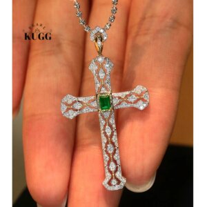 KUGG 100% 18K White+Yellow Gold Pendant Women Vintage Cross Style Luxury Diamond Natural Emerald Gemstone Necklace Pendant
