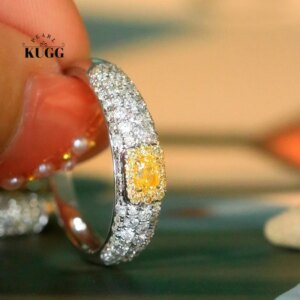 KUGG 100% 18K White Gold Rings Vintage Classic Style Real Natural Yellow Diamond Engagement Ring for Women Senior Banquet