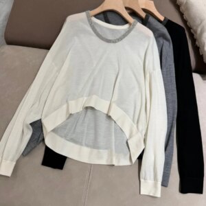 Women’s Beaded Sweater Silk Wool Round Neck Long Sleeve Loose Female Knitted Pullover