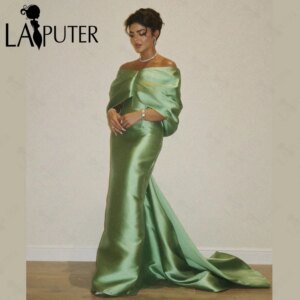 Elegant Simple Green Evening Dresses Off Shoulder Wide Shoulder Bat Sleeves Dress Insert Back Train Green Formal Dress