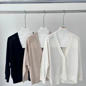 Beaded Hollow Design Women’s Knitted Cardigan V-Neck Single Breasted Long Sleeve Casual Female Sweater