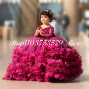 Puffy Flower Girls Dresses 3D Flower customisation V Neck Long Sleeve Kids Teens Pageant Gowns Birthday Party Dress
