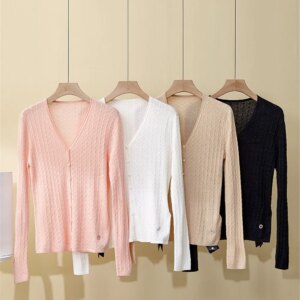 Spring And Summer New Cardigan V-Neck Single Breasted Silk Wool Knitted Women’s Top