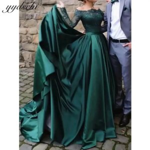 Muslim Long Sleeves Green Evening Dresses 2025 Off The Shoulder Satin Formal Dress For Women Party Gown Vestidos De Novia