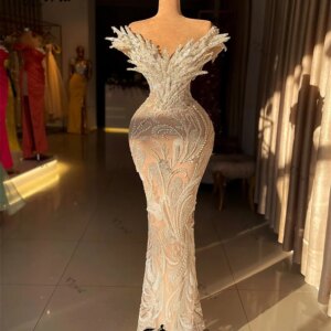 Elegant Champagne Mermaid Formal Evening Dresses 3D Appliques Beaded Prom Dress vestidos de ocasión formales Arabic Robe 2024
