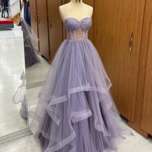 MVOZEIN Lilac Puffy Prom Dresses Beading Tulle Layers Sweetheart Sleeveless Formal Occasion Dresses Long Party Gown