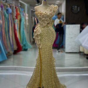 Arabia Woman Gold Sequined Mermaid Party Dress with 3D Flowers Appliques Slit Evening Gowns vestidos fiesta noche largo Prom