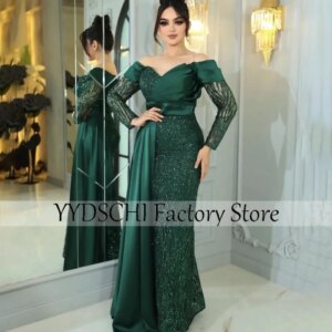 Customized Green Prom Dresses Mermaid Boat Neck Sexy Party Floor Length Spaghetti Beading Strap Evening Formal Dresses for Women