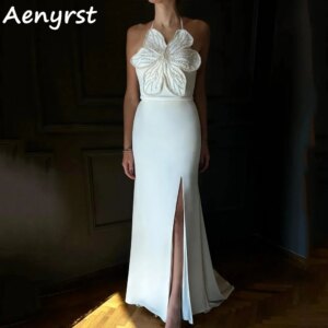 Aenyrst Ivory Beading Flowers Halter Evening Dresses Mermaid Side Slit customized Prom Dress Floor-Length Formal Occasion Gowns