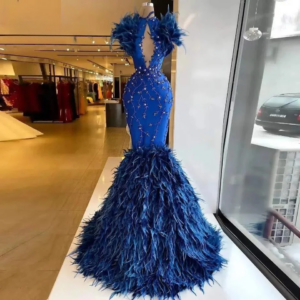 Royal Blue Prom Dresses Mermaid Feather Bead Prom Gown Saudi Arabia Dubai Black Girls Evening Dresses Robe De Soiree Customized