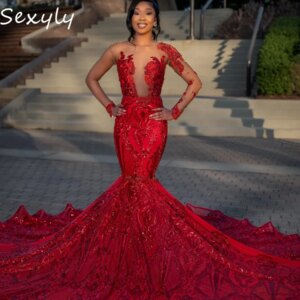 Luxurious Red Sequin Prom Dress Plus Size Long Sleeve Mermaid Evening Dress Gorgeous Aso Ebi Formal Birthday Party Customized