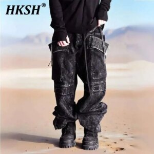 HKSH Waste Land Heavy Retro RO Double Ring Design Loose Straight Adjustable Waist Safari Style Cargo Pants Men’s Overalls HK3653