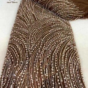 African Lace Fabric 2025 High quality 5 Yards Brown Beads Lace Fabric 5 Yards Sequence Lace Fabrics For Woman Evening Dresses
