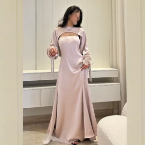 Customized A-Line Prom Dresses Floor-Length Strapless Lace Full Sleeve Lace-Up Evening Gown Simple Fashion Draped Party Gown
