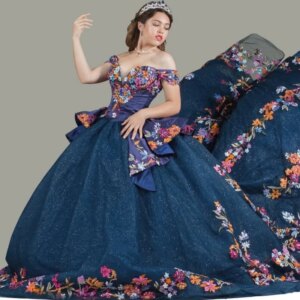 Customized Shiny dark blue Off Shoulder Quinceanera Dres Tull applique flower Trailing Lace vestidos de 15 Quinceanera