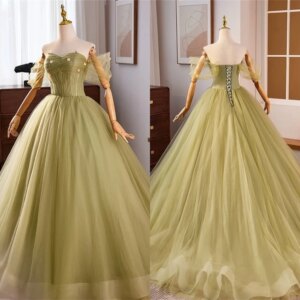 Customized Modern Green Tulle Evening Dress Classic Strapless Off the Shoulder Sleeveless Lace Up Back Special Occasion Gowns