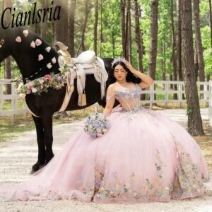 Pink Illusion Off The Shoulder Quinceanera Dresses Ball Gown Colorful Floral Appliques Lace Sweet 15 Años Mexican Customized