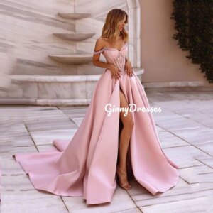 Customized Evening Dresses A-Line V-Neck Sweep Train Wedding Dress Beadings Zipper Up Satin Spaghetti Straps Evening Dresses