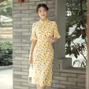 Spring and Summer New High Quality Real Silk Printing Improved plus Size Cheongsam Qipao Women’s Dress