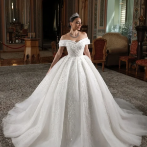 Charming Off Shoulder Sparkling Wedding Dress Lace Applique A-line Palace Training Bride Dress Customization