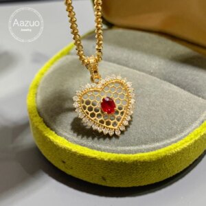 Aazuo 18K Yellow Gold Natural Ruby Real Diamonds Lovely Heart Pendent With Chain Necklace Gifted For Women Birtthday Party Au750