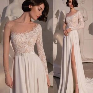 Customized Exquisite Jersey Straight Crystal And Belt Evening Dresses Crew Neck Long Sleeves Panel Train White Prom Dr