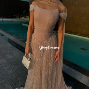 Customized Dresses For Prom A-Line Off-The-Shoulder Neckline Floor-Length Luxury Evening Dresses Short Sleeves Wedding Party Dre