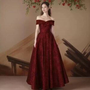 Elegant Burgundy Evening Dress Off the Shoulder Long Prom Dresses Lace-up Back Party Dresses
