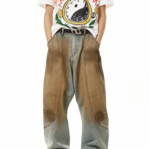 American Retro Deconstructing Dirty Dyed Washed Profile Jeans Loose Wide Leg Men and Women Street Pants