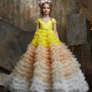 Tiered Girls Pageant Dresses Ball Gown Cap Sleeves Tulle Flower Girl Dresses For Weddings First Communion Dresses Kids Baby