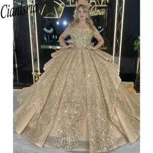 Gold Luxury Sequined Beading Crystal Quinceanera Dresses Ball Gown Off The Shoulder Ruffles Sweet 15 Birthday Party