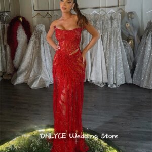 New Design Red Evening Dresses 2025Beaded Crystals Lace Formal Prom Party Wedding Party Gowns Vestidos Customized