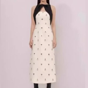 Elegant Dress Contrast Color Hollow Out Embroidered Flares Slim Women’s Evening Party Dresses 2024 Summer New Tide CL-793