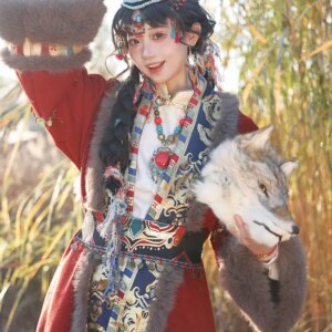 Chinese Tibetan Clothes Tibetan Robes Autumn And Winter Minority Elements Dance Performance Costumes Red Black