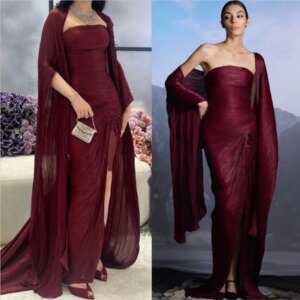 Simple Tulle Pleat Evening Dress Strapless With Shawl Mermaid High Slit Elegant Arabic Formal Party Prom Gown Vestido Customized