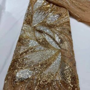 African Net 5 Yards Beads Embroidery Lace Fabrics 2025 High Quality French Mesh Sequins Lace For Women Dresses Sew