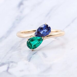 Provence 18K/14K/10K Solid Gold Pear Cut Lab Grown Royal Blue With Lab Zambian Double Stone Symmetrical Ring For Woman Customize