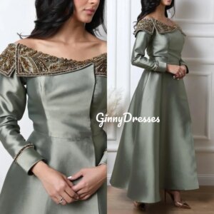 Customized فساتين سهرة A-Line Scoop Neckline Wedding Party Dress Floor-Length Beadings Zipper Up Long Sleeves Formal Occasion