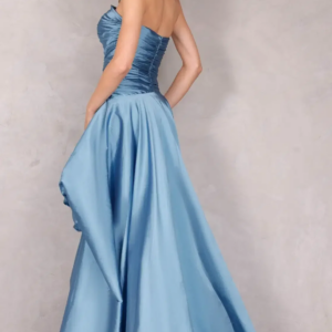 Strapless Straight Across Neckline Ruffle High Low Hem Satin Evening Prom Dress robes de soirée