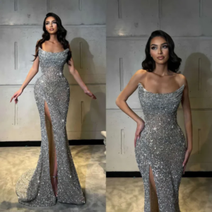 Sleeveless And Strapless Ball Gown With Sparkling Beads Decal Celebrity Evening Gown And Sexy Side Split Long Dress Customized