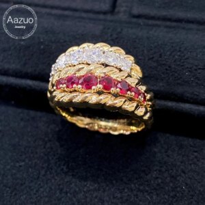 Aazuo 18K Yellow Gold Natrual Ruby Real DiamondS Luxury Fried Dough Twist Ring Gifted For Woman Wedding Day Deluxe Banquet Party