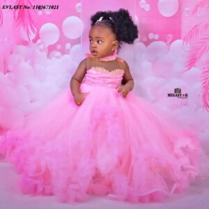 EVLAST Customized Pink Pearls Flower Girl Dress For Weddings Ruffles Ball Gown First Communion Birthday PhotoShoot Gowns FD12