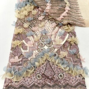 African Lace Fabric 2025 High Quality French 3D Flower Sequins Embroidery Beads Tulle Lace Fabric For Party Dress Wedding Sewing