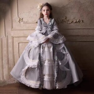 Jill Wish Luxury Gray Lolita Flower Girl Dress Long Sleeve Lace for Kids Princess Wedding Pageant Birthday Party Ball Gowns J187