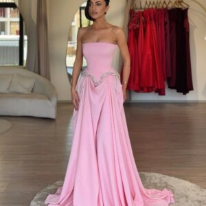 Customized Jersey Sequined Pleat A-line Strapless Long Dresses Bespoke Occasion Dresses High Quality Exquisite