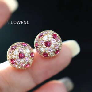 LUOWEND 100% 18K Yellow Gold Earrings Women Romantic Style Natural Ruby&Pink Color Sapphire&Diamond Luxury Gemstone Earrings