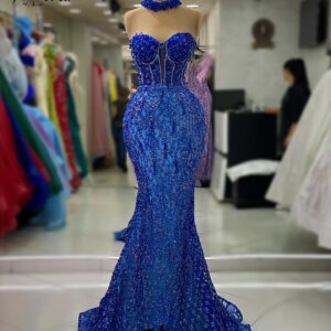 Elegant Full Beadings Royal Blue Mermaid Evening Dress Dubai Sweetheart Sleeveless Wedding Gowns Prom Dress Robe Soiree Formal